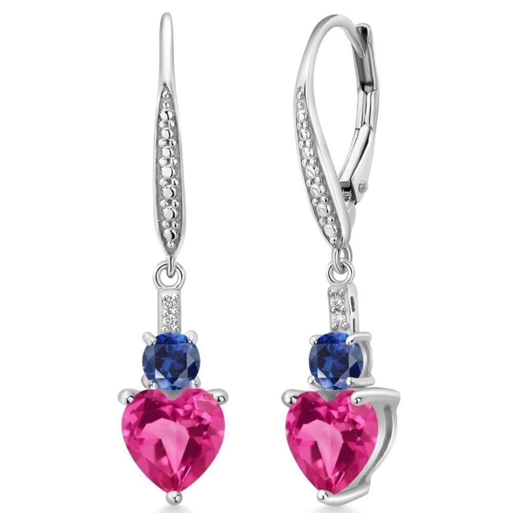 925 Sterling Silver with 3.33 Cttw Pink and Blue Sapphire Heart Drop Earrings